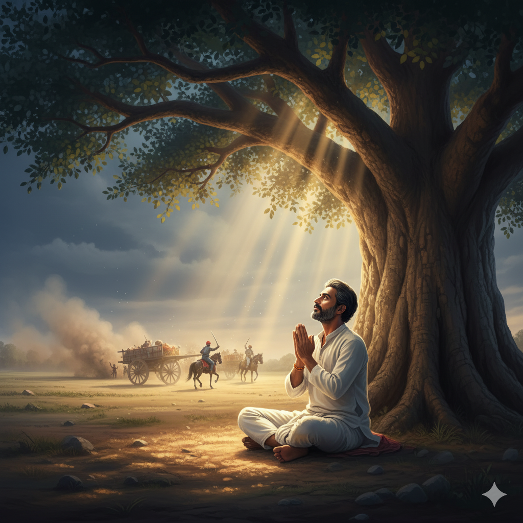 Trader praying under a tree; distant caravan ambushed by bandits